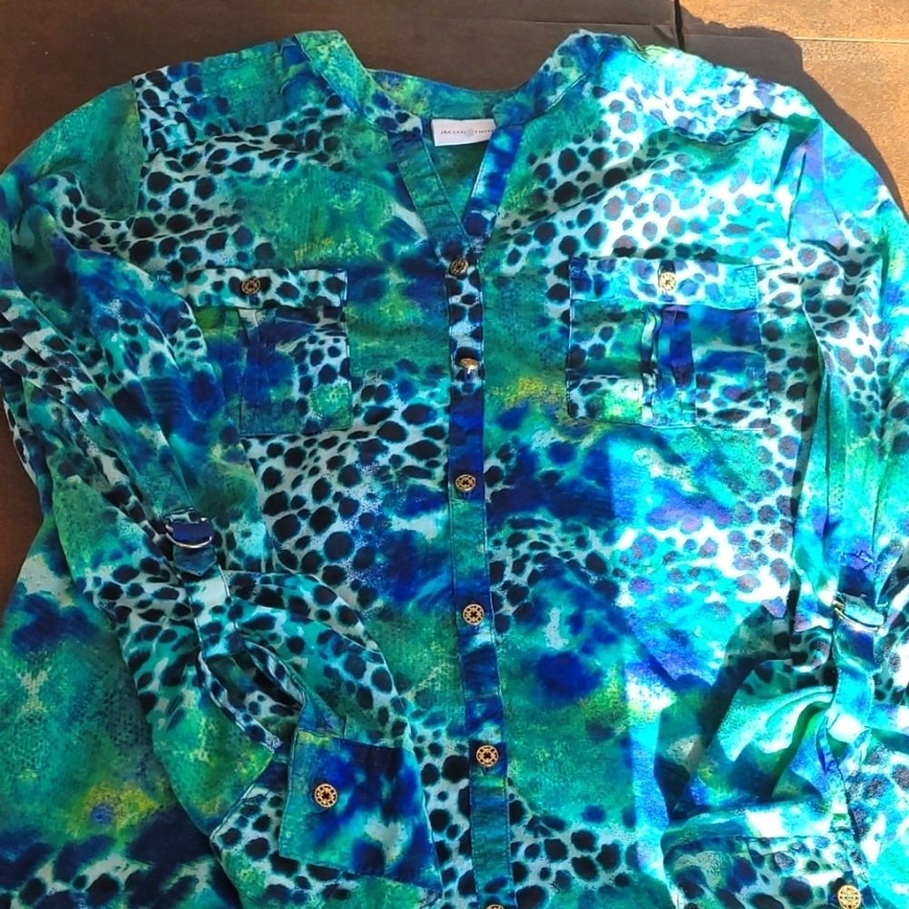 Animal print green and blue blouse